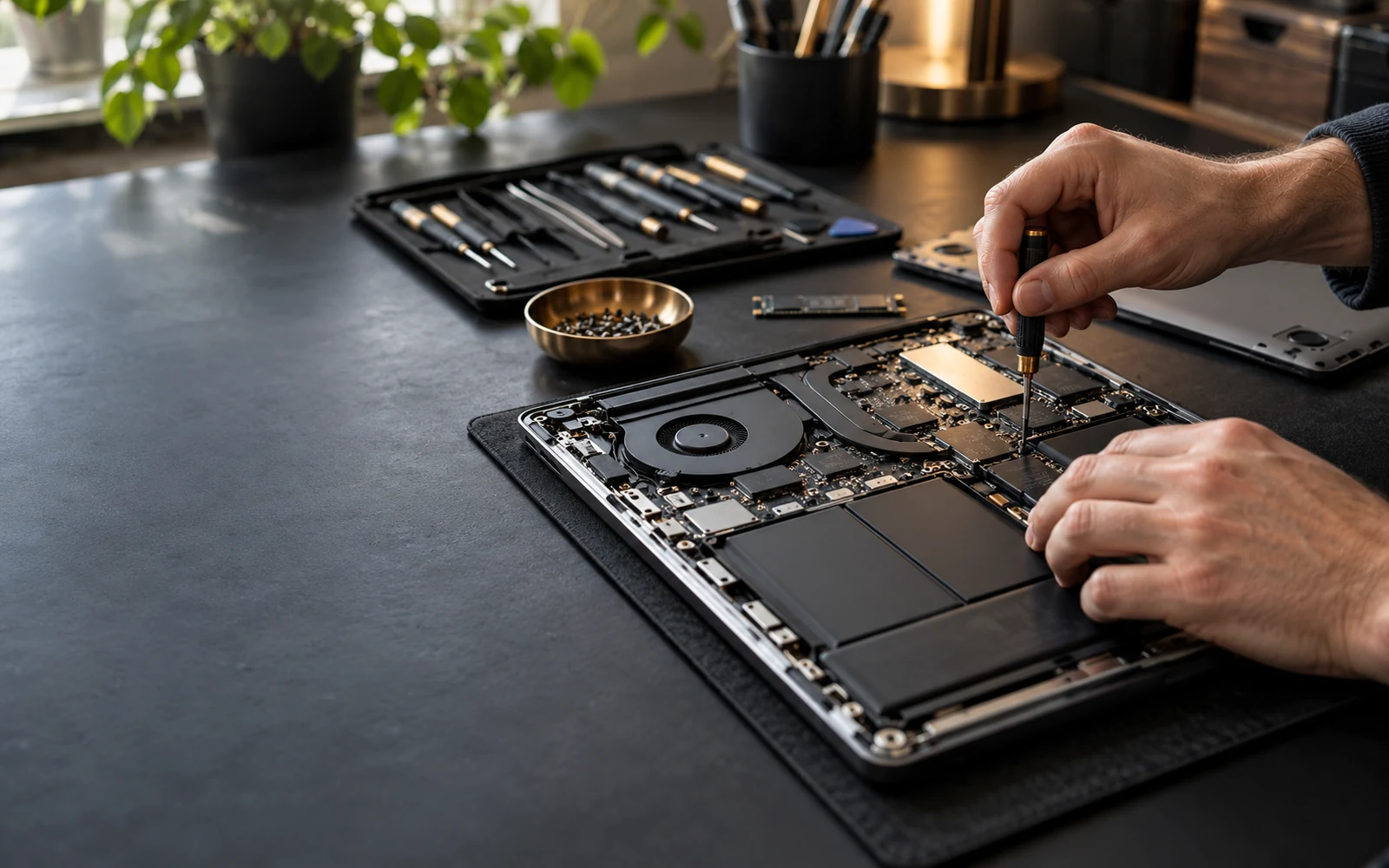 Technician repairing an open laptop at a workbench